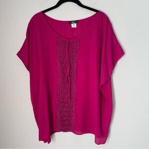 ING Women’s Scoop Neck Short Sleeve Lace Detail Cap Sleeve Fuchsia Blouse 1X